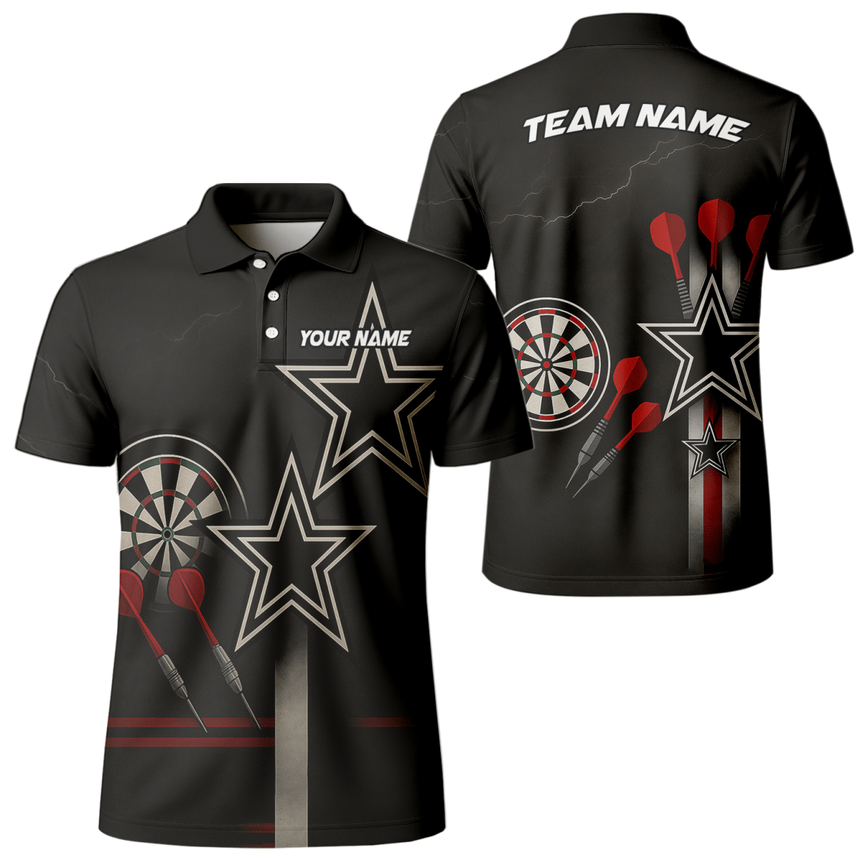 Personalisiertes Dart Polo - Shirt Herren Schwarz Rot Weiß Sterne H3323 - Outfitsuche