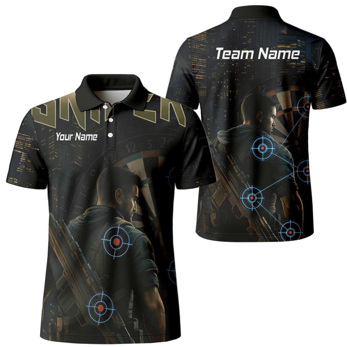 Personalisiertes Dart Polo - Shirt Herren – Taktisches Sniper Design | Black City Night Look P5428 - Outfitsuche