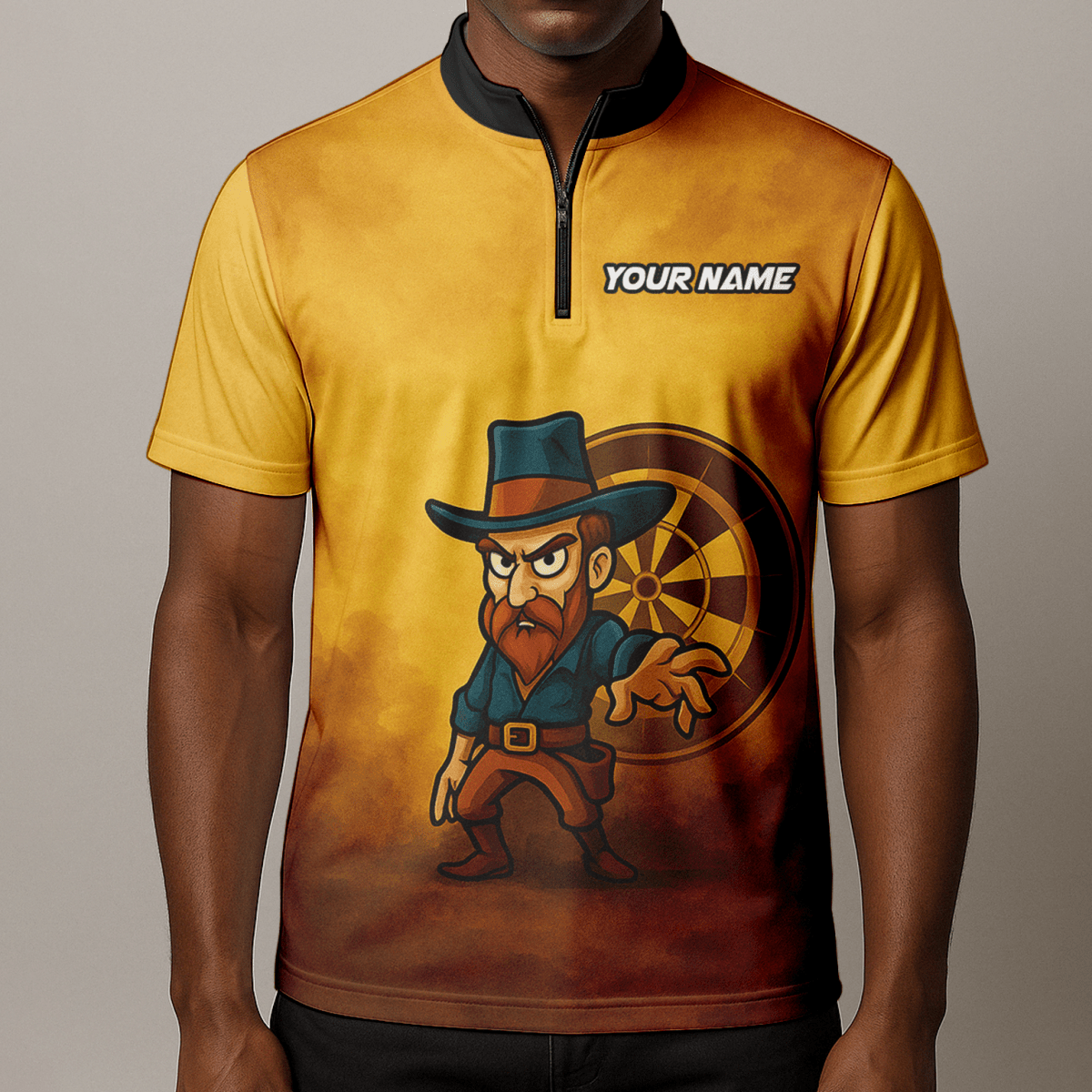 Personalisiertes Dart Polo - Shirt Herren Western Cowboy - Wunschname & Team - Braun Gelb Z4073 - Outfitsuche