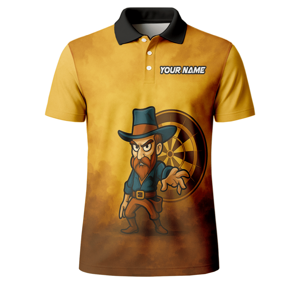 Personalisiertes Dart Polo - Shirt Herren Western Cowboy - Wunschname & Team - Braun Gelb Z4073 - Outfitsuche