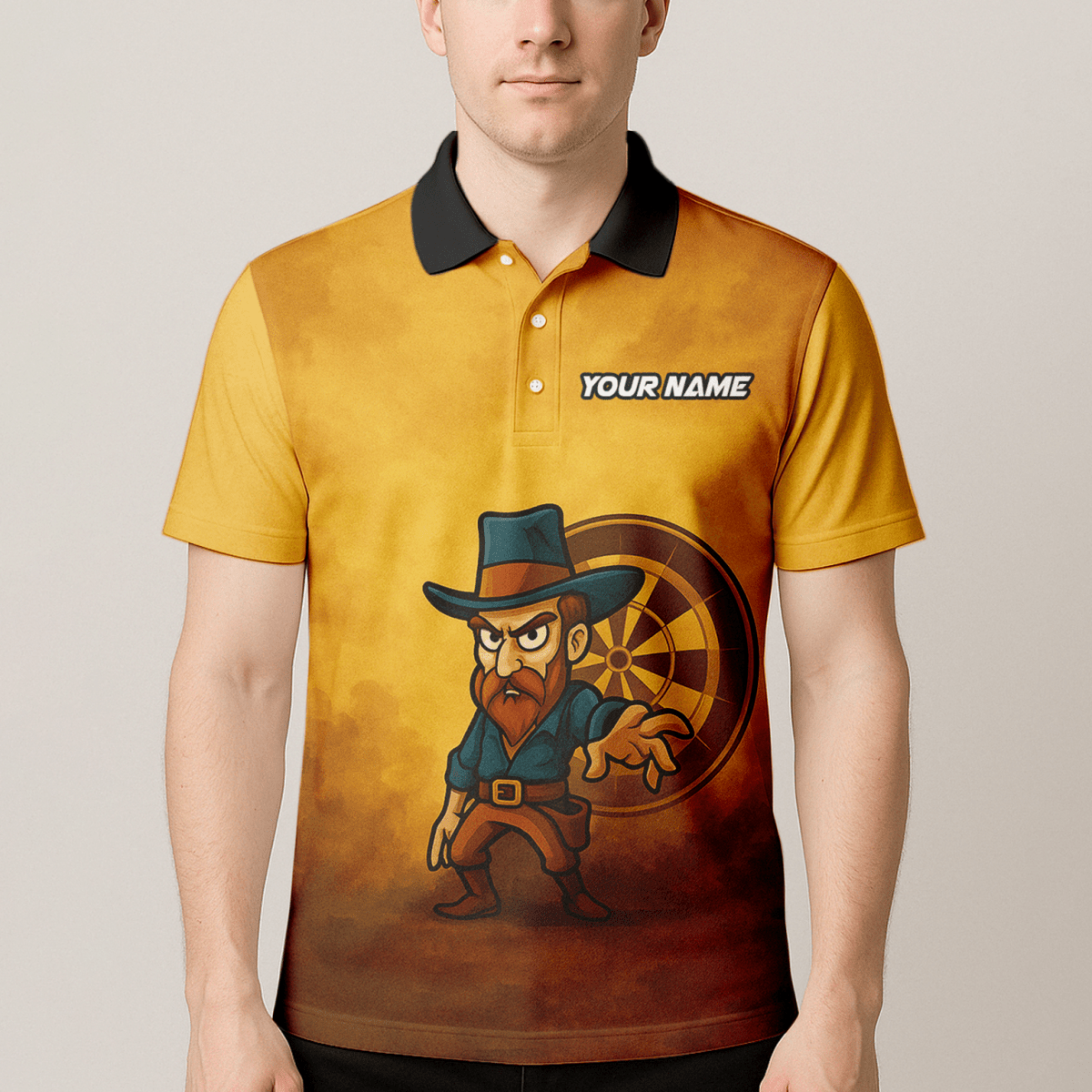 Personalisiertes Dart Polo - Shirt Herren Western Cowboy - Wunschname & Team - Braun Gelb Z4073 - Outfitsuche