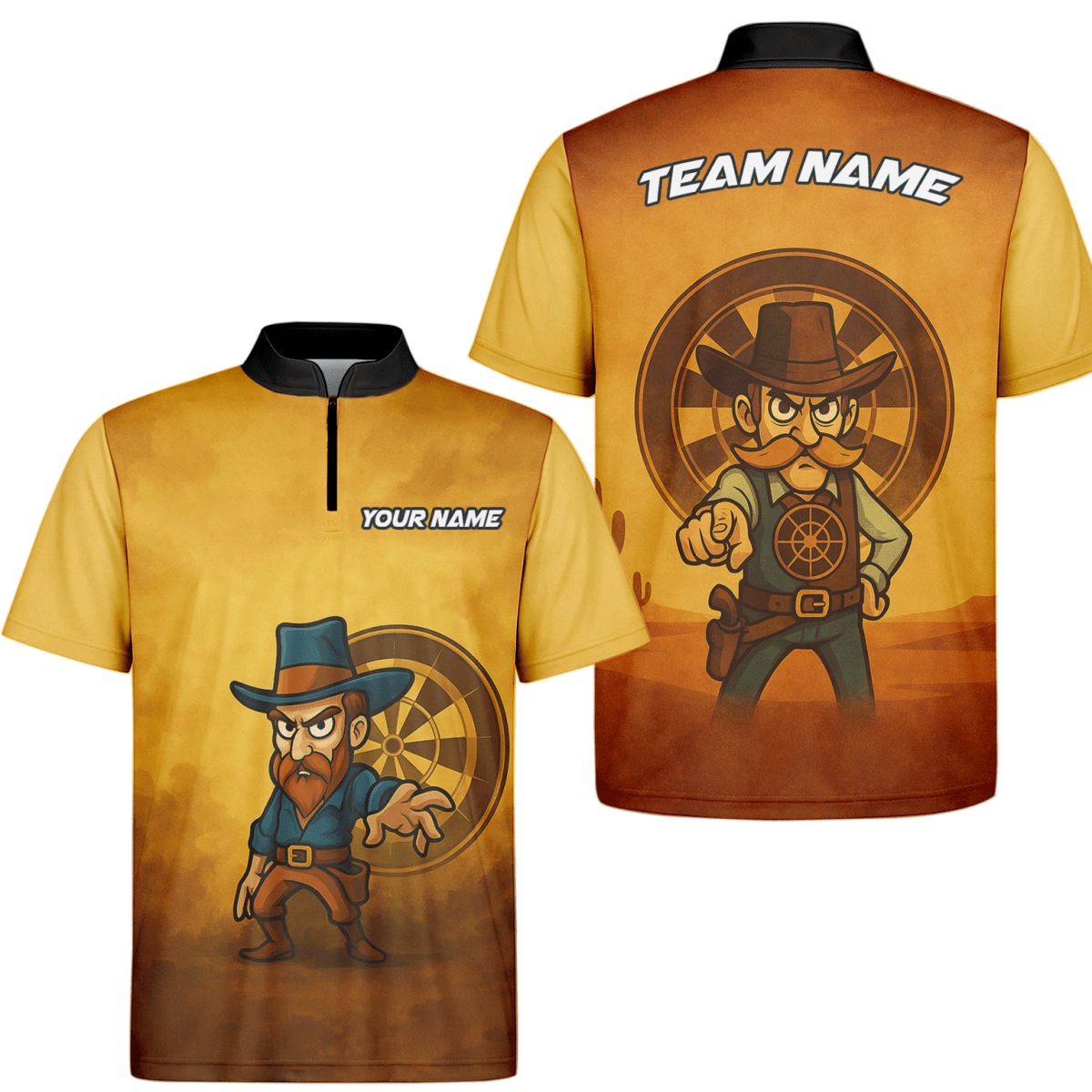 Personalisiertes Dart Polo - Shirt Herren Western Cowboy - Wunschname & Team - Braun Gelb Z4073 - Outfitsuche