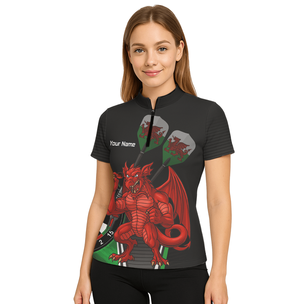 Personalisiertes Dart - Polohemd Damen Roter Drache Motiv Schwarz Grün N6377 - Outfitsuche