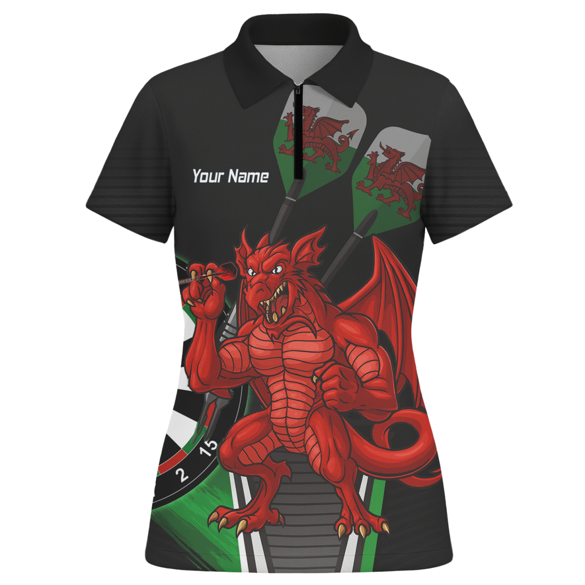 Personalisiertes Dart - Polohemd Damen Roter Drache Motiv Schwarz Grün N6377 - Outfitsuche