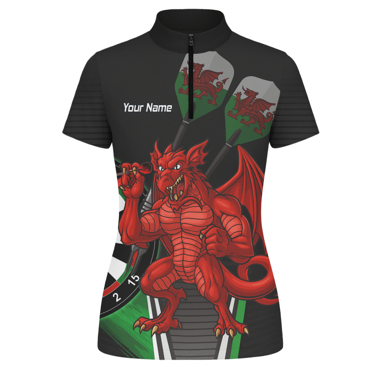 Personalisiertes Dart - Polohemd Damen Roter Drache Motiv Schwarz Grün N6377 - Outfitsuche