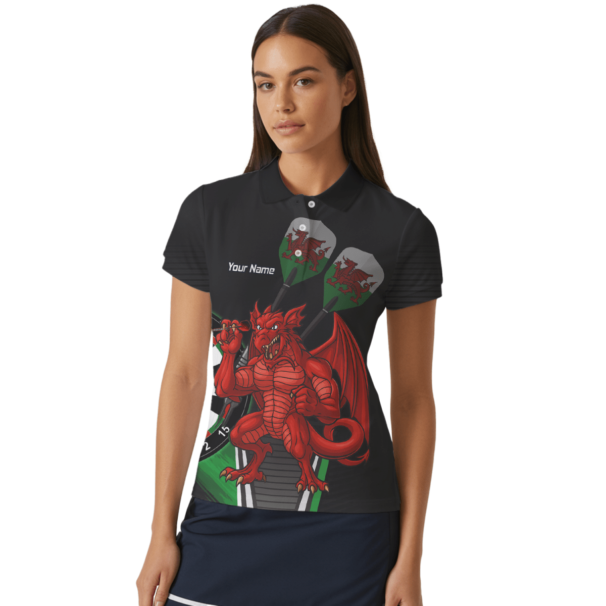 Personalisiertes Dart - Polohemd Damen Roter Drache Motiv Schwarz Grün N6377 - Outfitsuche