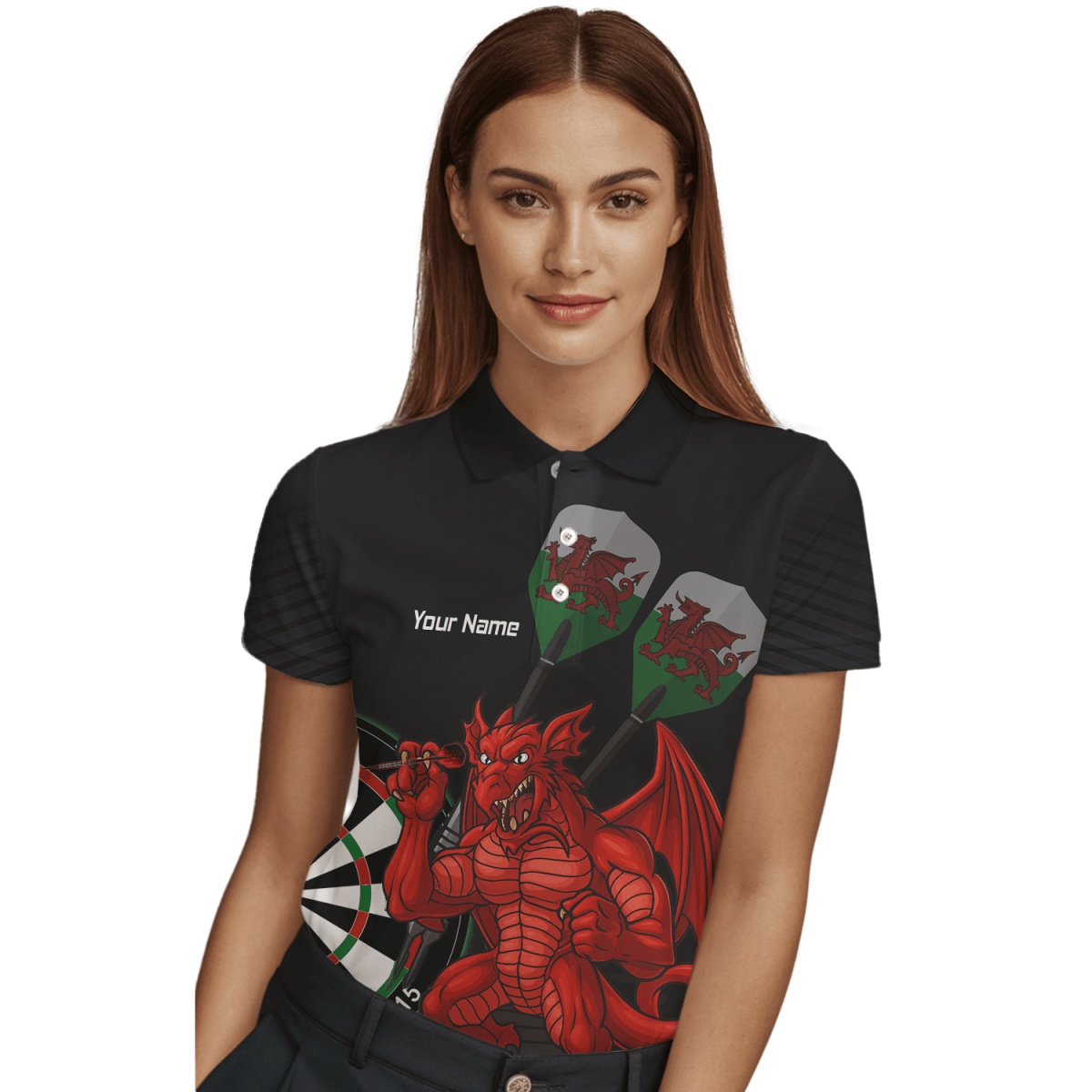 Personalisiertes Dart - Polohemd Damen Roter Drache Motiv Schwarz Grün N6377 - Outfitsuche