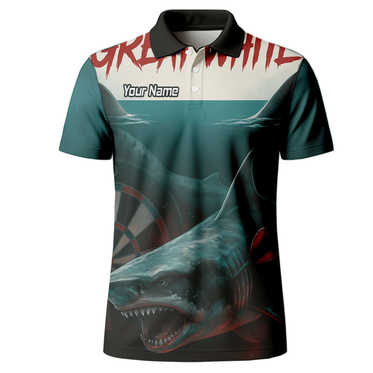 Personalisiertes Dart - Polohemd Herren – Weißer Hai Design, Petrol - Schwarz, mit Wunsch - Teamname T7018 - Outfitsuche