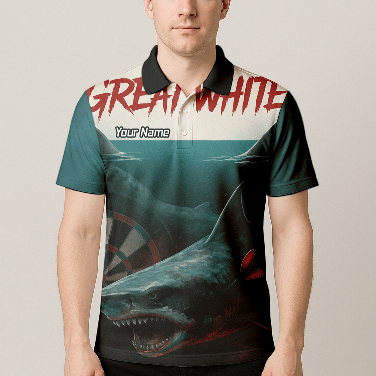 Personalisiertes Dart - Polohemd Herren – Weißer Hai Design, Petrol - Schwarz, mit Wunsch - Teamname T7018 - Outfitsuche