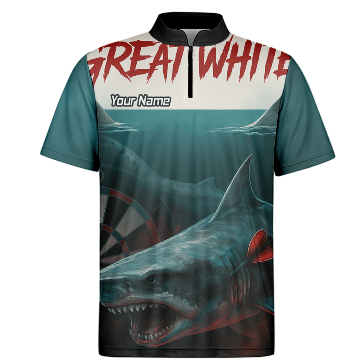 Personalisiertes Dart - Polohemd Herren – Weißer Hai Design, Petrol - Schwarz, mit Wunsch - Teamname T7018 - Outfitsuche