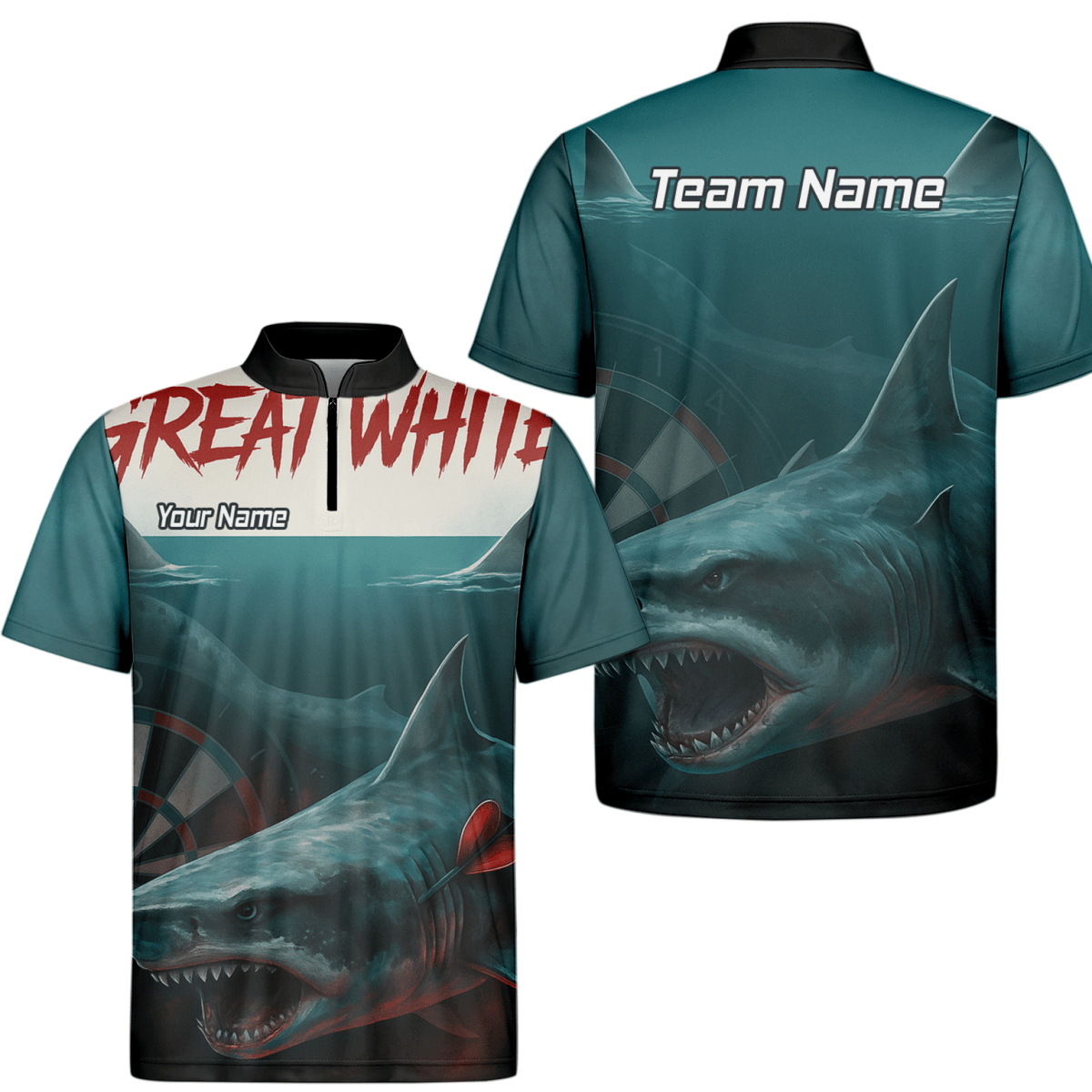 Personalisiertes Dart - Polohemd Herren – Weißer Hai Design, Petrol - Schwarz, mit Wunsch - Teamname T7018 - Outfitsuche