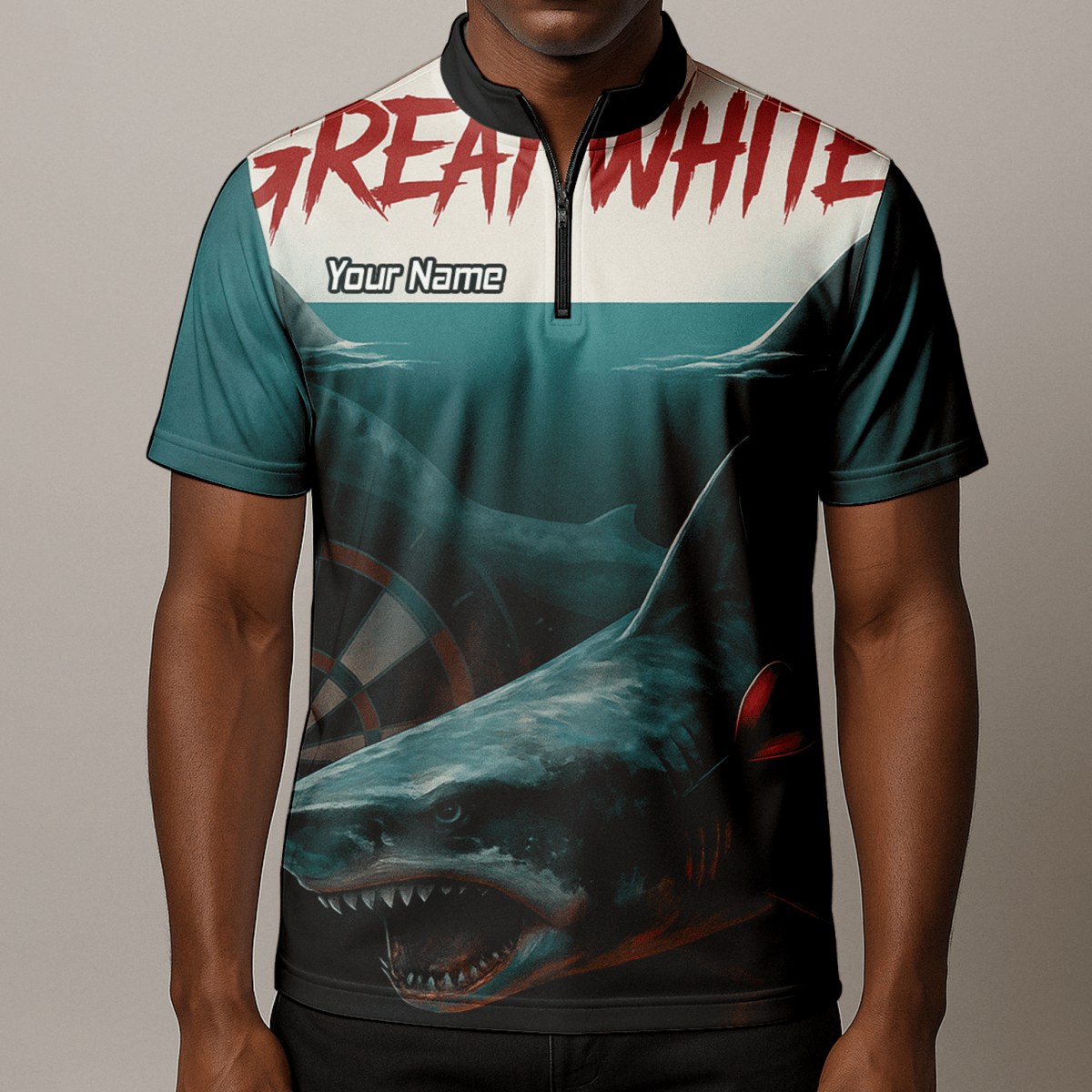 Personalisiertes Dart - Polohemd Herren – Weißer Hai Design, Petrol - Schwarz, mit Wunsch - Teamname T7018 - Outfitsuche
