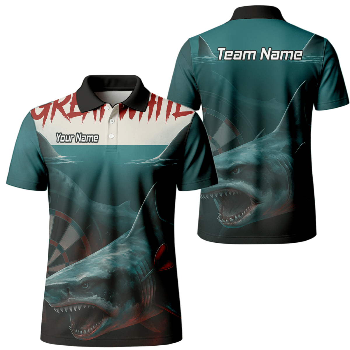 Personalisiertes Dart - Polohemd Herren – Weißer Hai Design, Petrol - Schwarz, mit Wunsch - Teamname T7018 - Outfitsuche