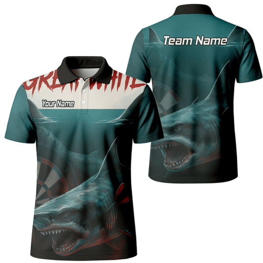 Personalisiertes Dart - Polohemd Herren – Weißer Hai Design, Petrol - Schwarz, mit Wunsch - Teamname T7018 - Outfitsuche