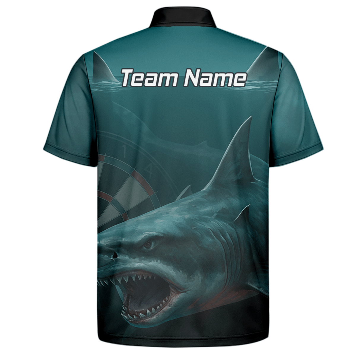 Personalisiertes Dart - Polohemd Herren – Weißer Hai Design, Petrol - Schwarz, mit Wunsch - Teamname T7018 - Outfitsuche