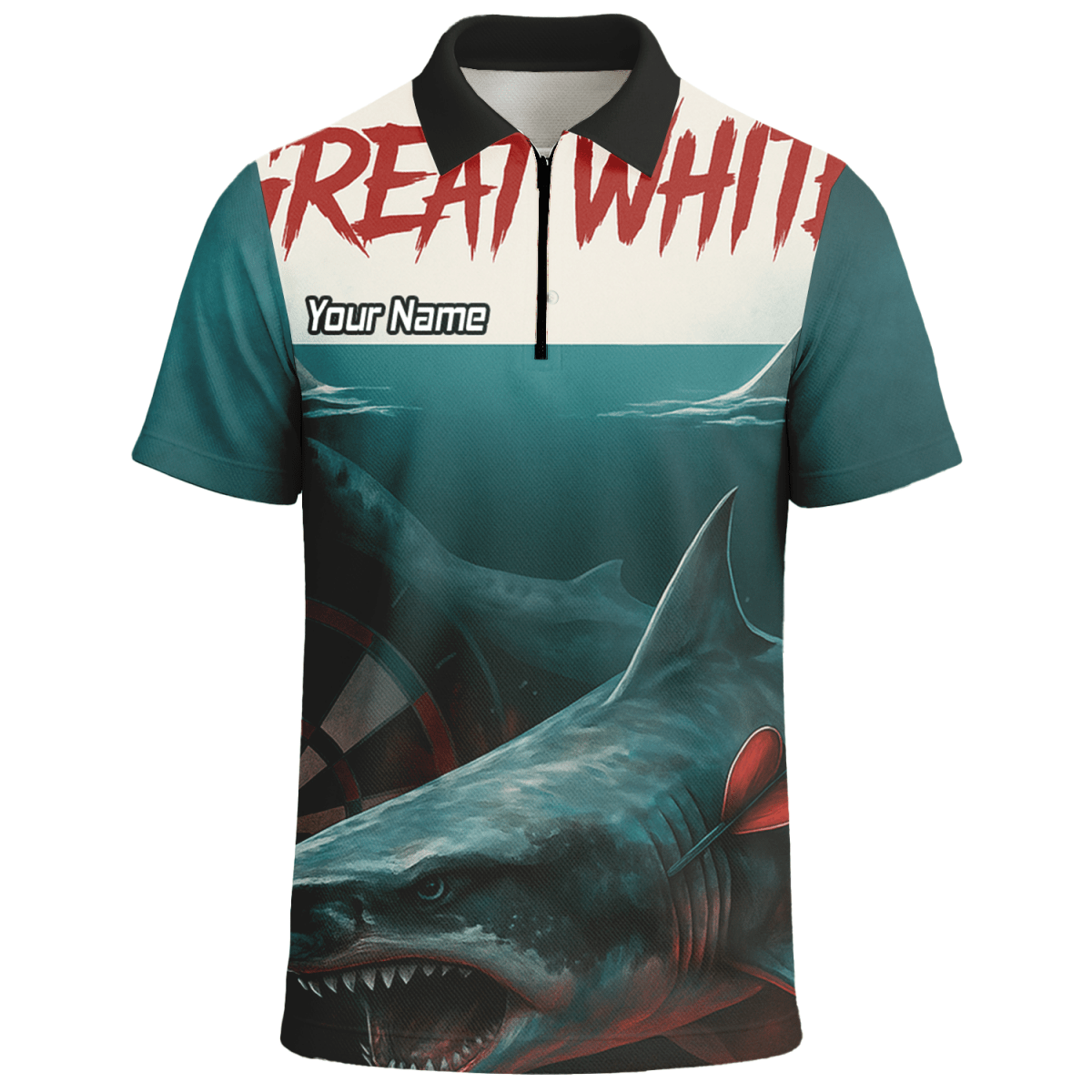 Personalisiertes Dart - Polohemd Herren – Weißer Hai Design, Petrol - Schwarz, mit Wunsch - Teamname T7018 - Outfitsuche