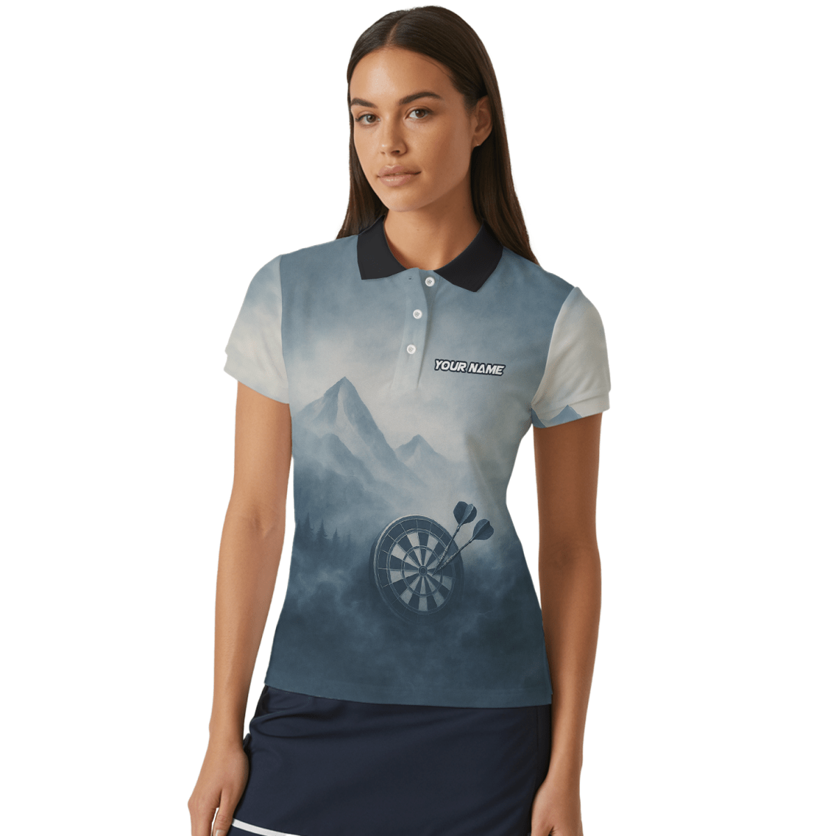 Personalisiertes Dart Poloshirt für Damen - Hirsch Berg Nebel Motiv - Mit Name & Team - Outfitsuche