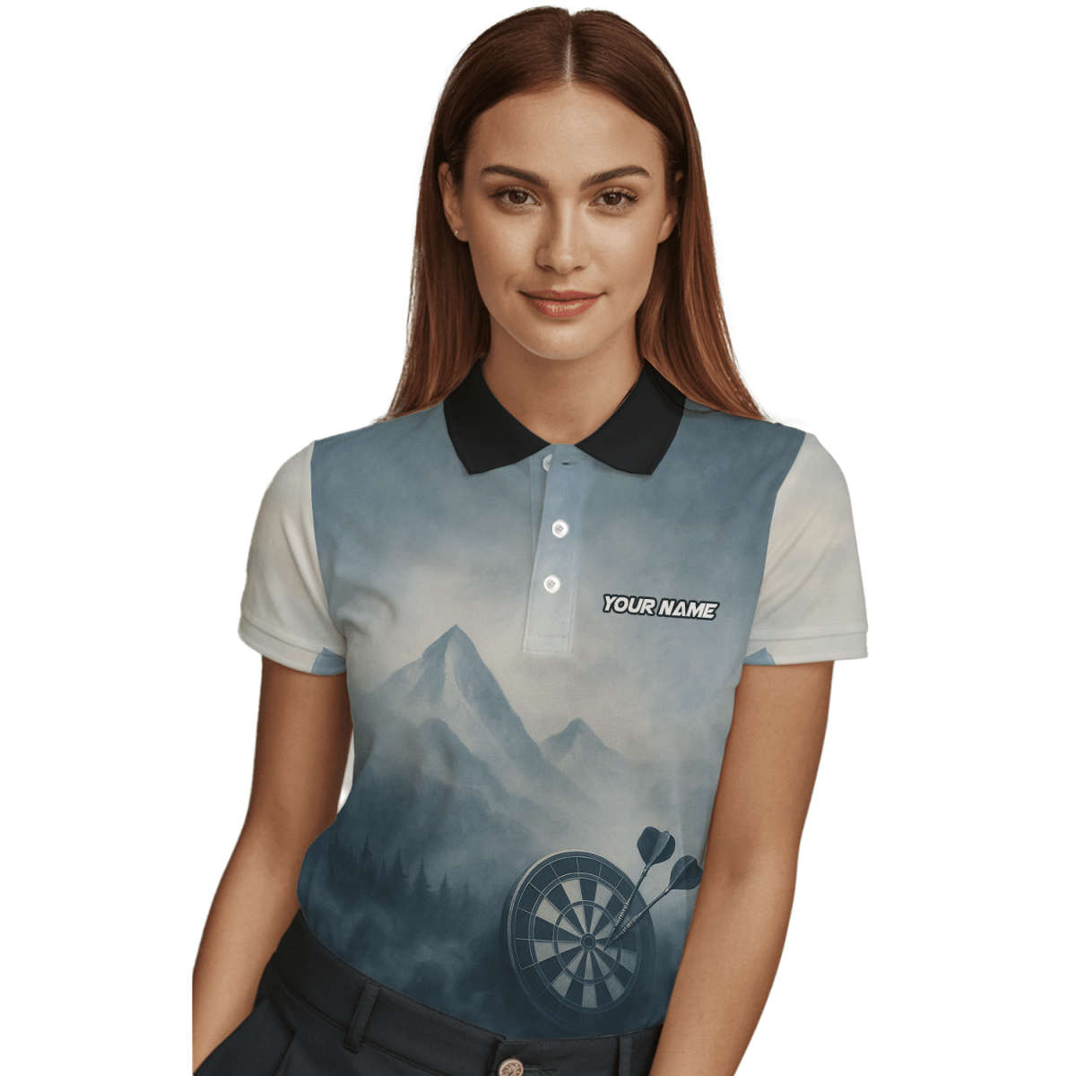 Personalisiertes Dart Poloshirt für Damen - Hirsch Berg Nebel Motiv - Mit Name & Team - Outfitsuche