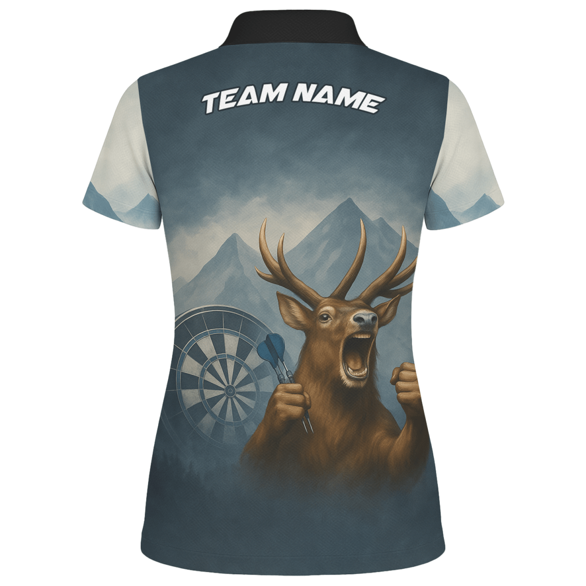 Personalisiertes Dart Poloshirt für Damen - Hirsch Berg Nebel Motiv - Mit Name & Team - Outfitsuche