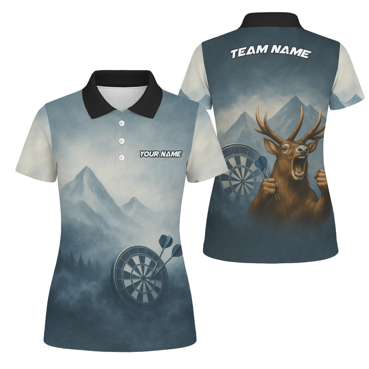Personalisiertes Dart Poloshirt für Damen - Hirsch Berg Nebel Motiv - Mit Name & Team - Outfitsuche
