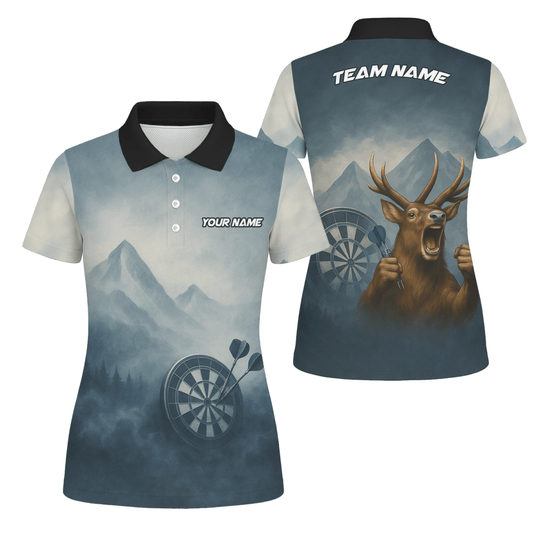 Personalisiertes Dart Poloshirt für Damen - Hirsch Berg Nebel Motiv - Mit Name & Team - Outfitsuche