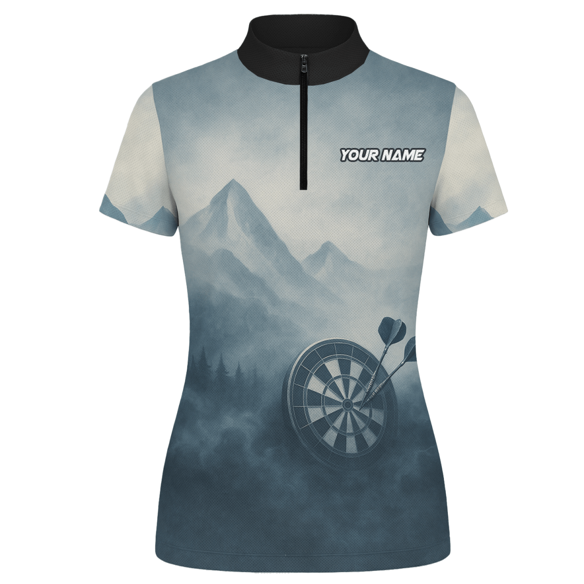 Personalisiertes Dart Poloshirt für Damen - Hirsch Berg Nebel Motiv - Mit Name & Team - Outfitsuche
