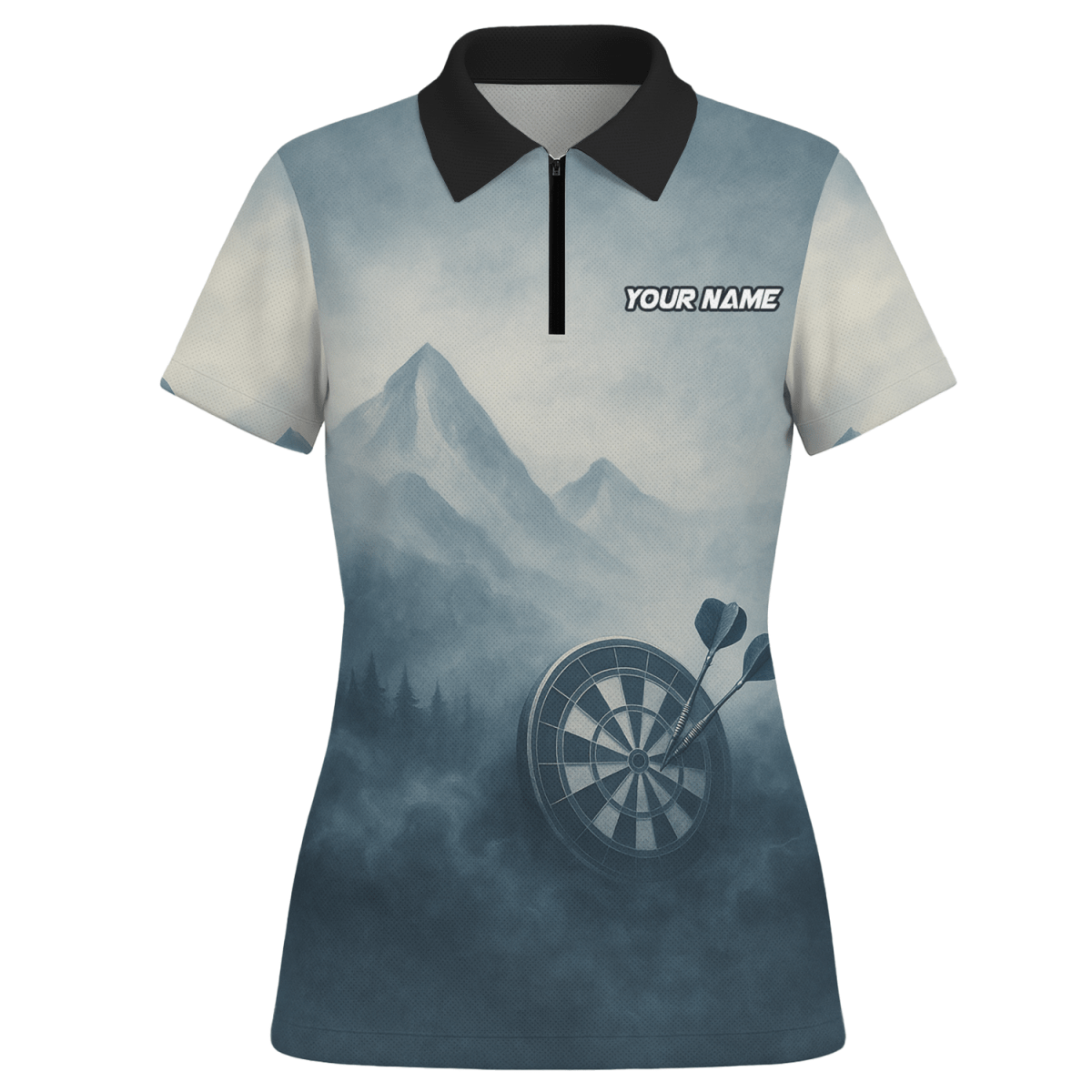 Personalisiertes Dart Poloshirt für Damen - Hirsch Berg Nebel Motiv - Mit Name & Team - Outfitsuche