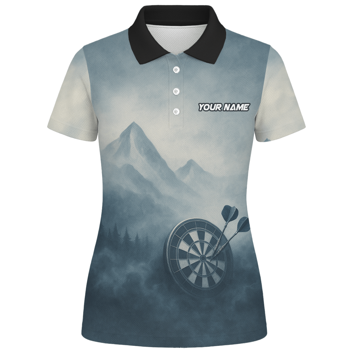 Personalisiertes Dart Poloshirt für Damen - Hirsch Berg Nebel Motiv - Mit Name & Team - Outfitsuche