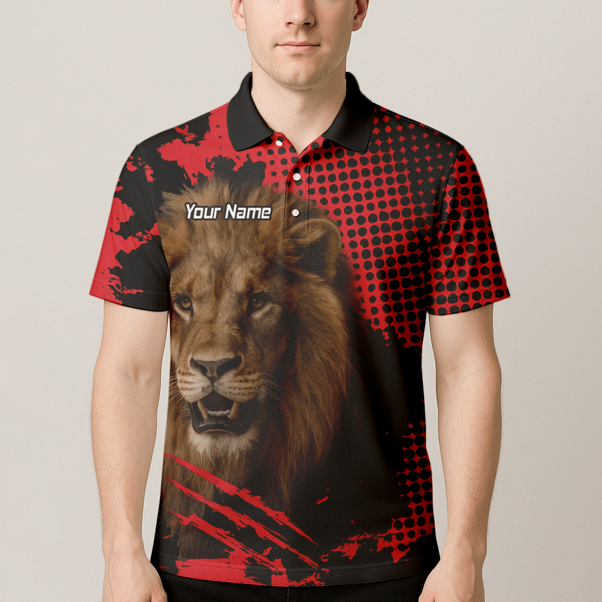 Personalisiertes Dart Poloshirt für Herren | Brüllender Löwe Grunge - Design | Rot - Schwarz V1720 - Outfitsuche