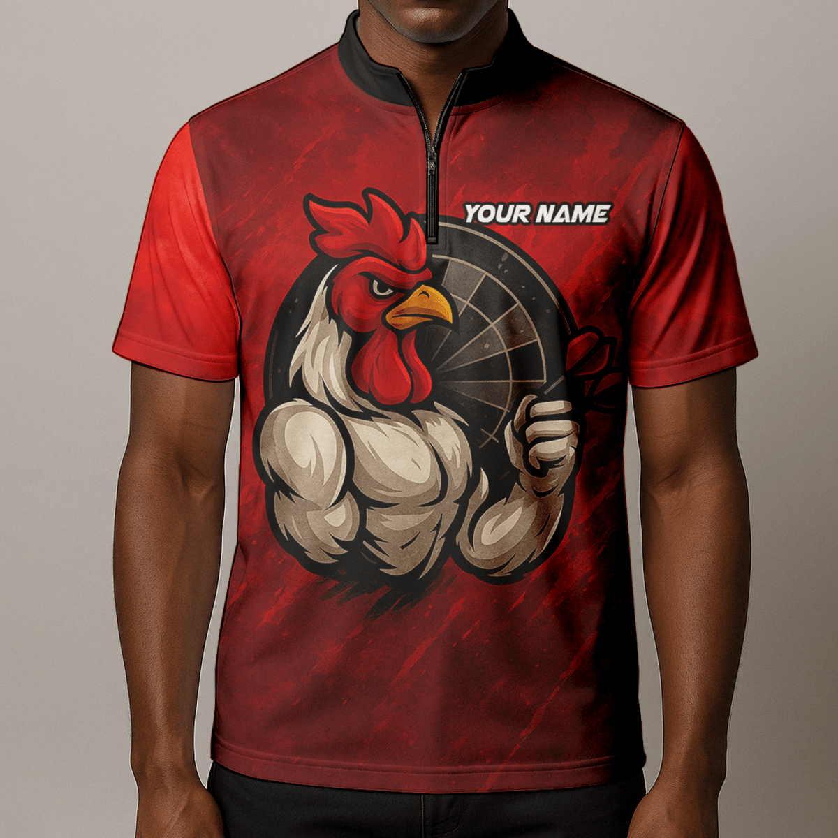 Personalisiertes Dart Poloshirt für Herren mit Lustigem Hahn & Teamname Rot Schwarz K2283 - Outfitsuche