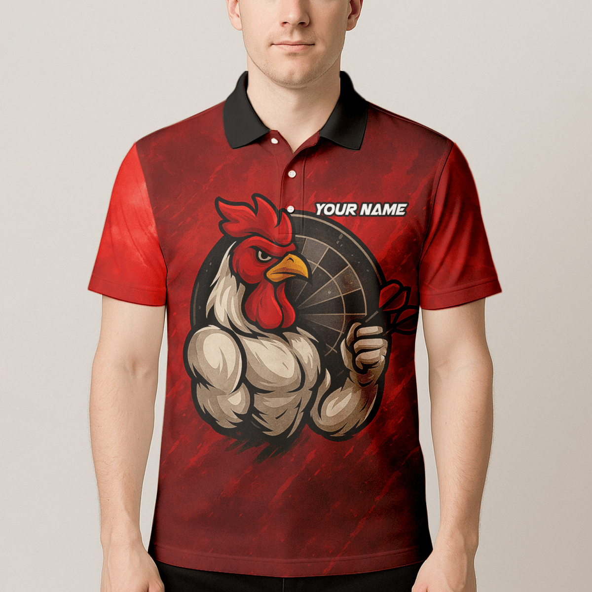 Personalisiertes Dart Poloshirt für Herren mit Lustigem Hahn & Teamname Rot Schwarz K2283 - Outfitsuche