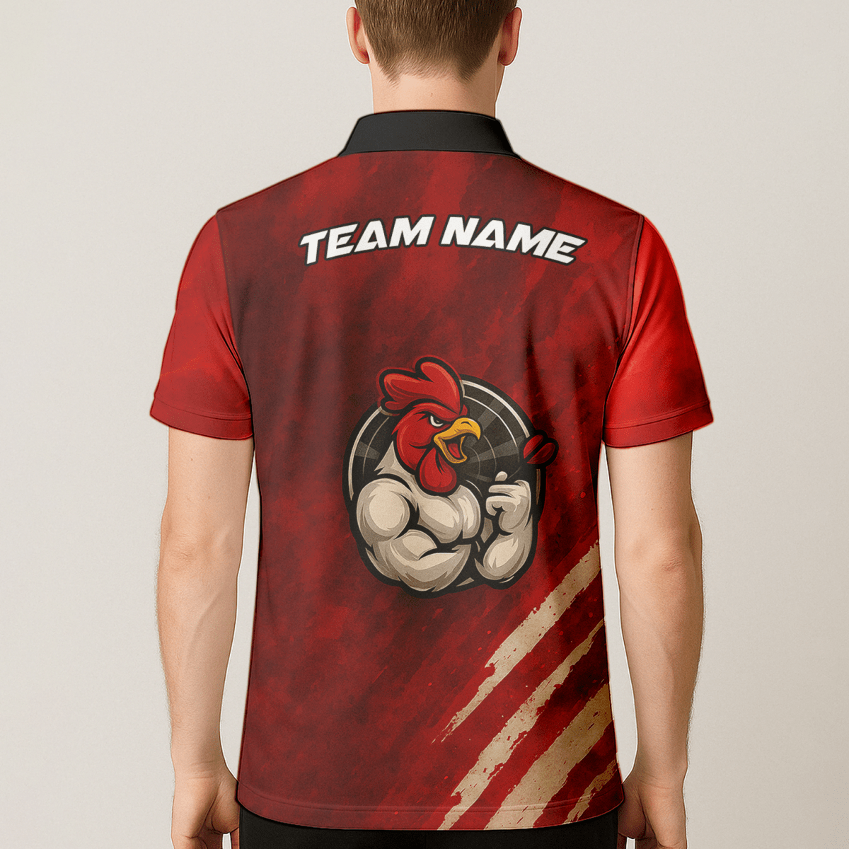 Personalisiertes Dart Poloshirt für Herren mit Lustigem Hahn & Teamname Rot Schwarz K2283 - Outfitsuche
