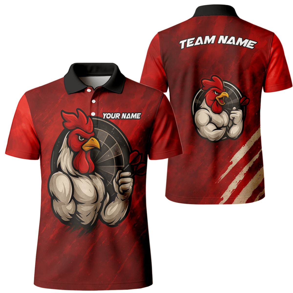 Personalisiertes Dart Poloshirt für Herren mit Lustigem Hahn & Teamname Rot Schwarz K2283 - Outfitsuche