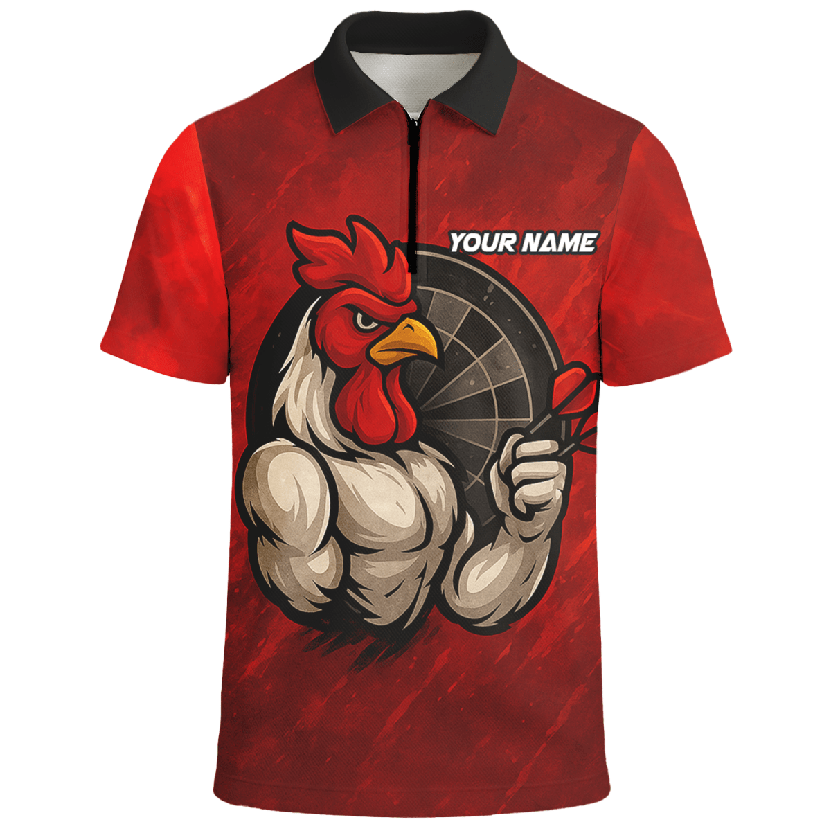 Personalisiertes Dart Poloshirt für Herren mit Lustigem Hahn & Teamname Rot Schwarz K2283 - Outfitsuche