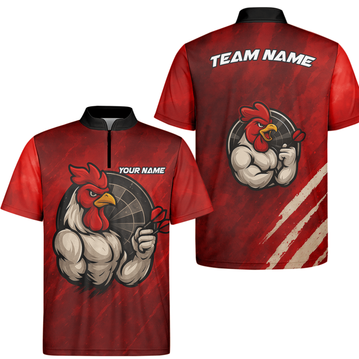 Personalisiertes Dart Poloshirt für Herren mit Lustigem Hahn & Teamname Rot Schwarz K2283 - Outfitsuche