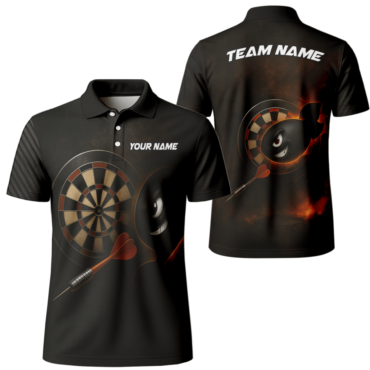 Personalisiertes Dart Poloshirt für Herren - Schwarz mit Bombe Feuer Explosion Print P7113 - Outfitsuche