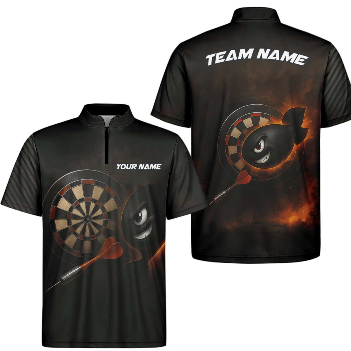Personalisiertes Dart Poloshirt für Herren - Schwarz mit Bombe Feuer Explosion Print P7113 - Outfitsuche