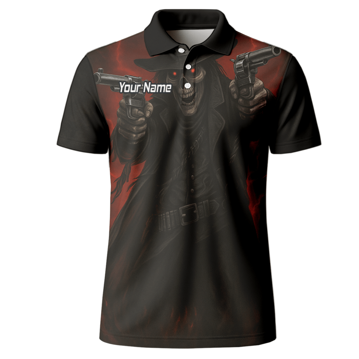 Personalisiertes Dart Poloshirt Herren – Revolverheld Totenkopf Motiv – Schwarz Rot P5176 - Outfitsuche