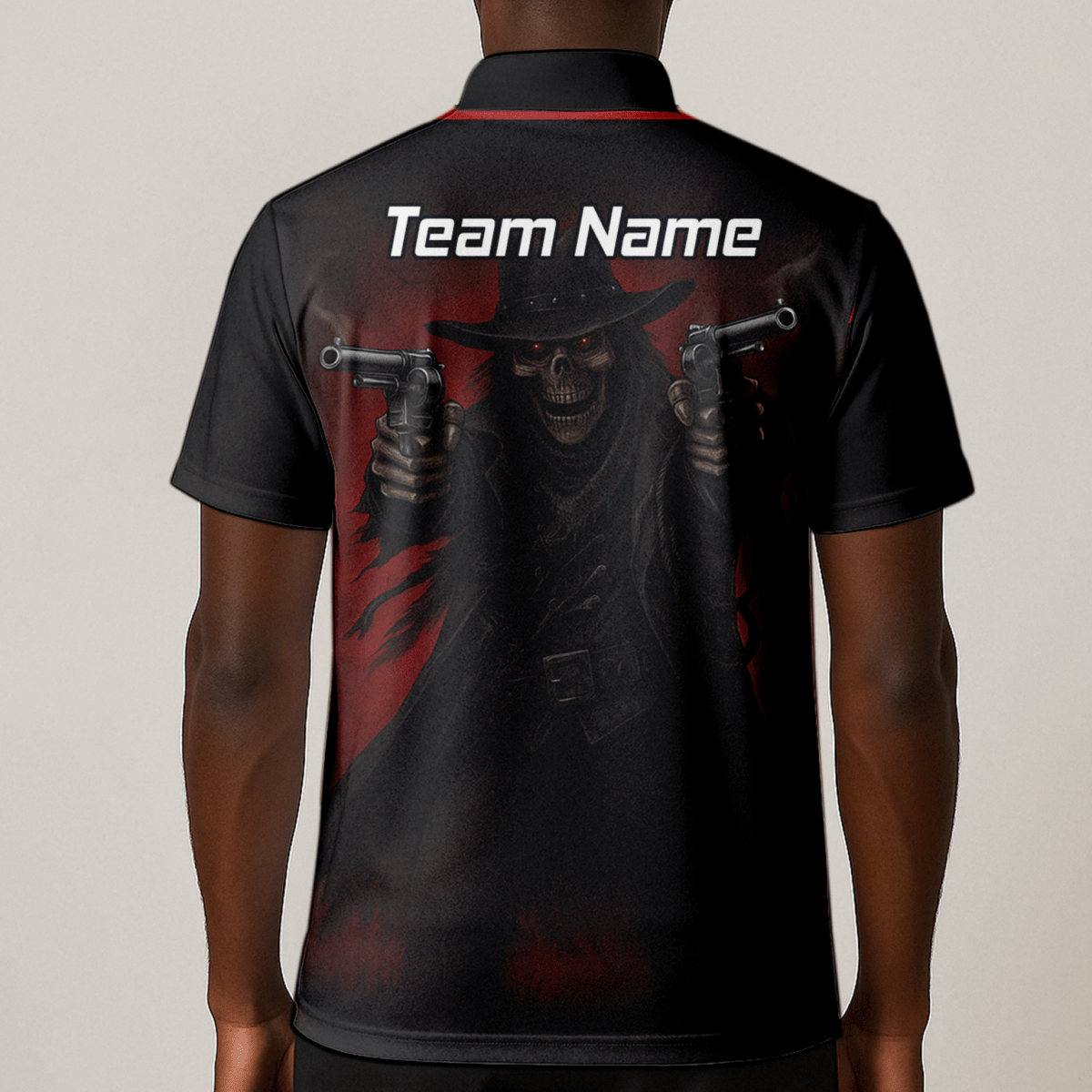 Personalisiertes Dart Poloshirt Herren – Revolverheld Totenkopf Motiv – Schwarz Rot P5176 - Outfitsuche