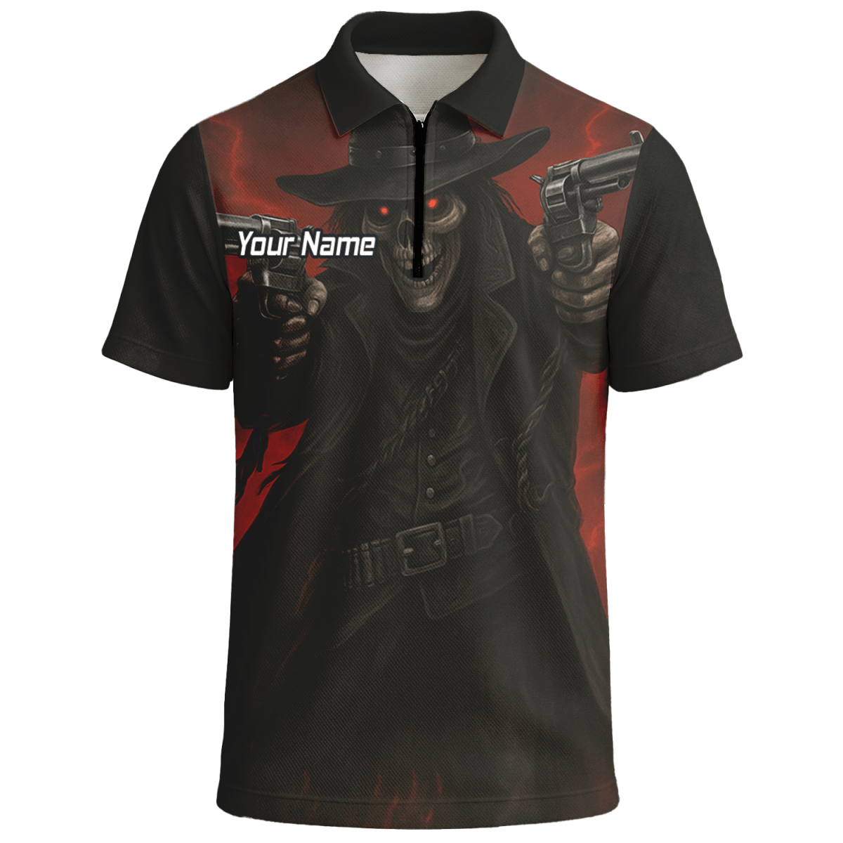 Personalisiertes Dart Poloshirt Herren – Revolverheld Totenkopf Motiv – Schwarz Rot P5176 - Outfitsuche