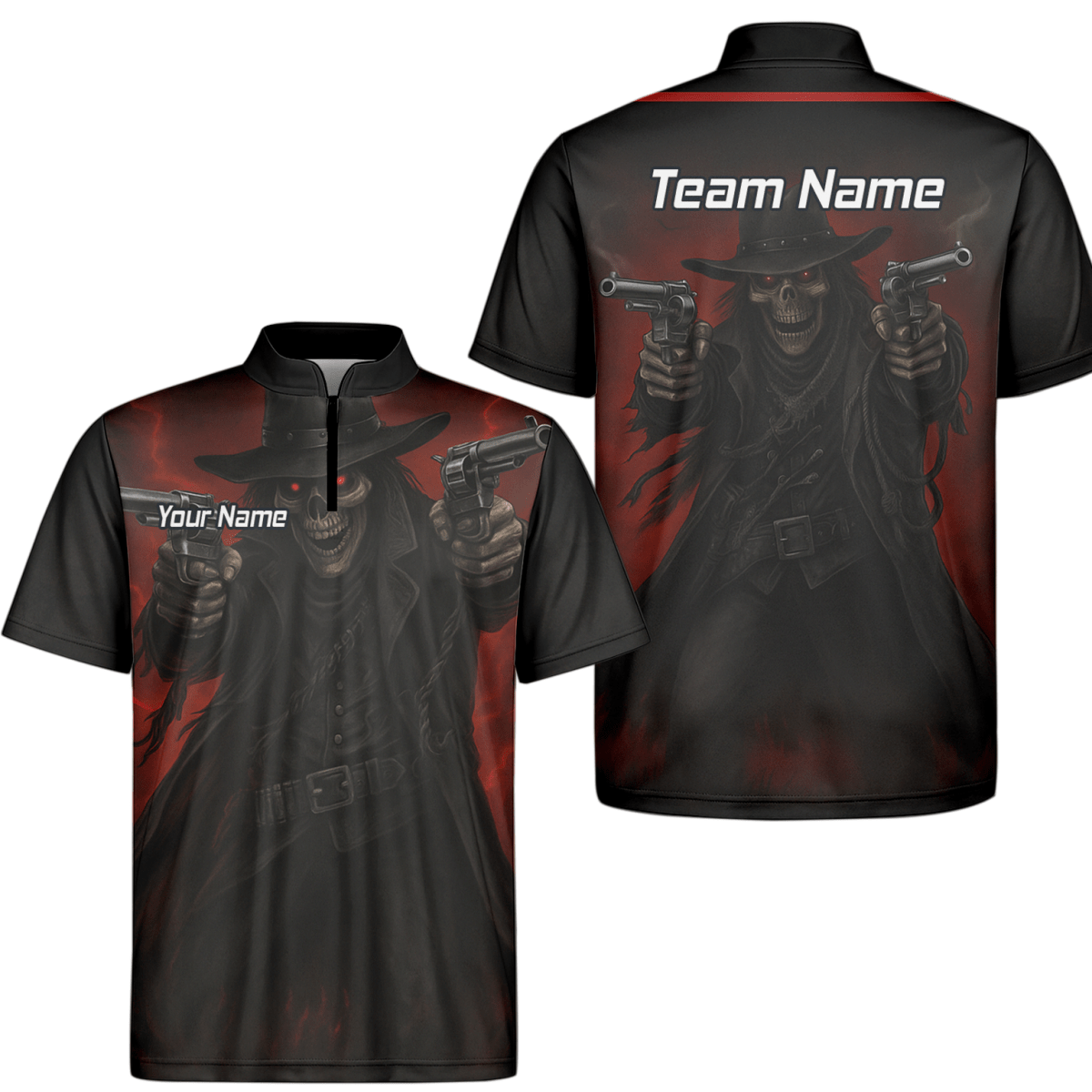 Personalisiertes Dart Poloshirt Herren – Revolverheld Totenkopf Motiv – Schwarz Rot P5176 - Outfitsuche