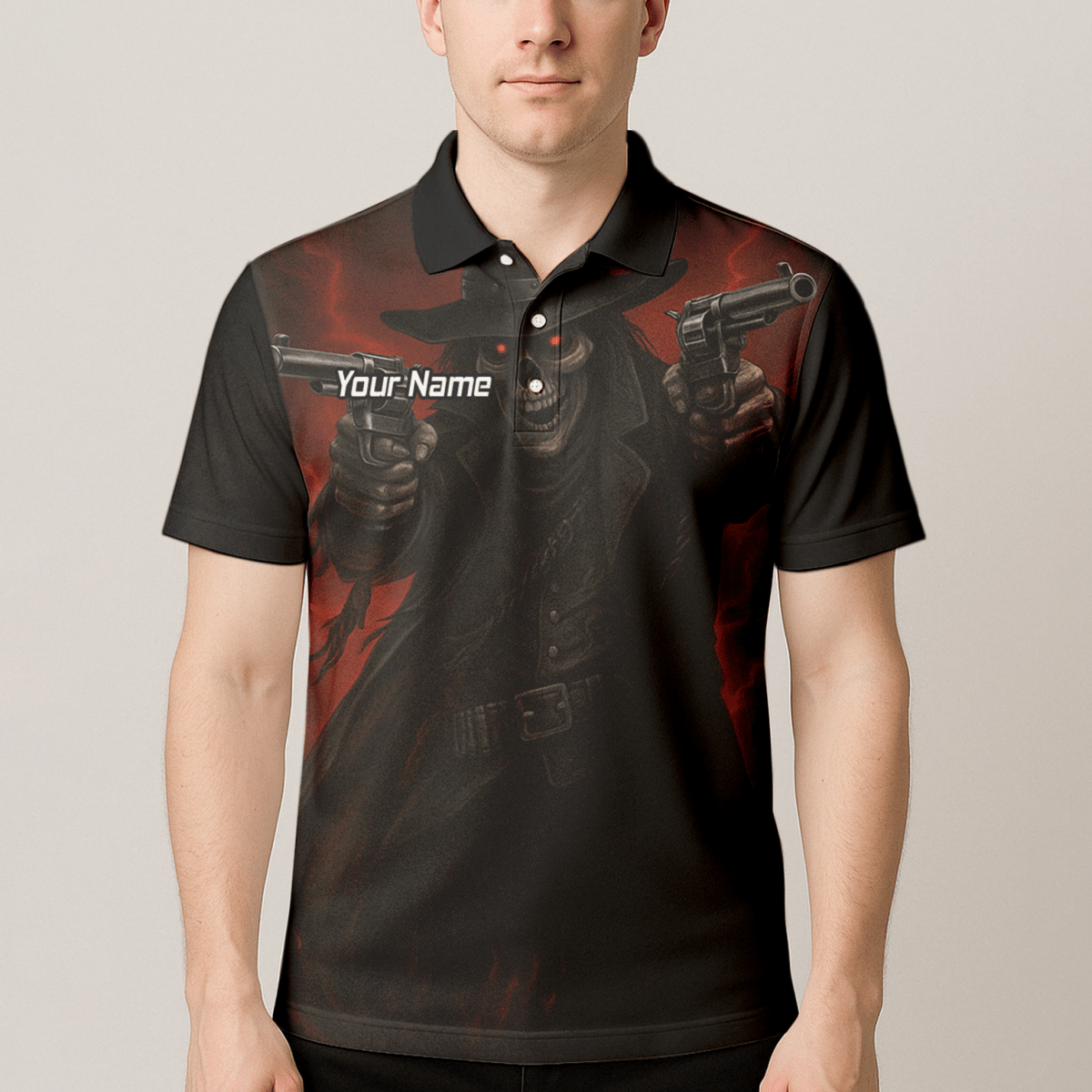 Personalisiertes Dart Poloshirt Herren – Revolverheld Totenkopf Motiv – Schwarz Rot P5176 - Outfitsuche