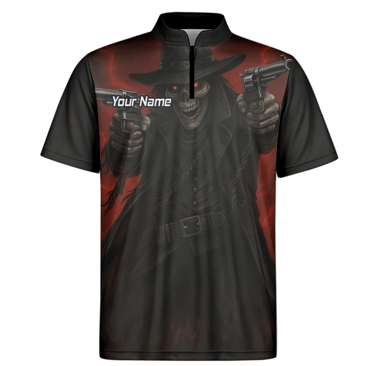 Personalisiertes Dart Poloshirt Herren – Revolverheld Totenkopf Motiv – Schwarz Rot P5176 - Outfitsuche