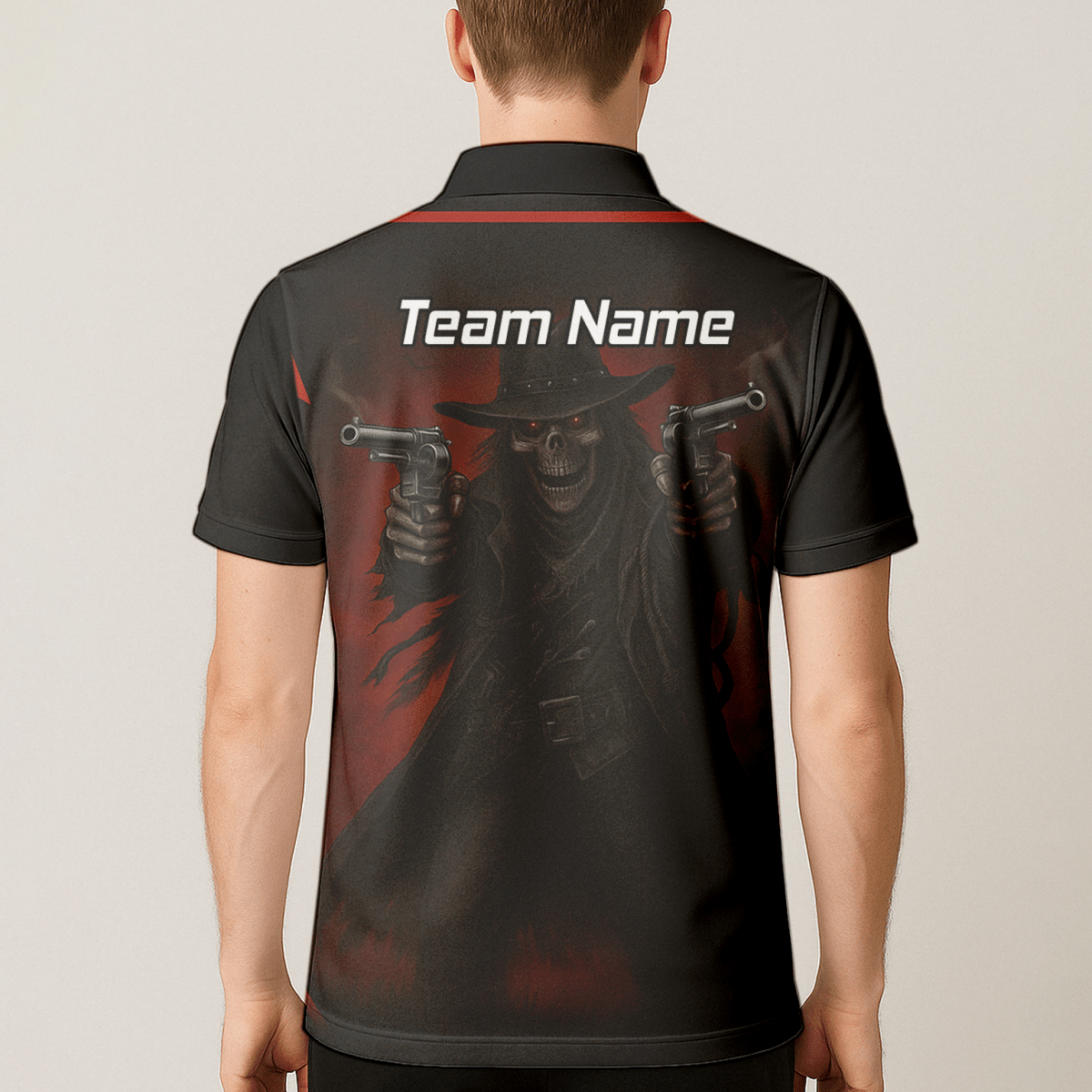 Personalisiertes Dart Poloshirt Herren – Revolverheld Totenkopf Motiv – Schwarz Rot P5176 - Outfitsuche