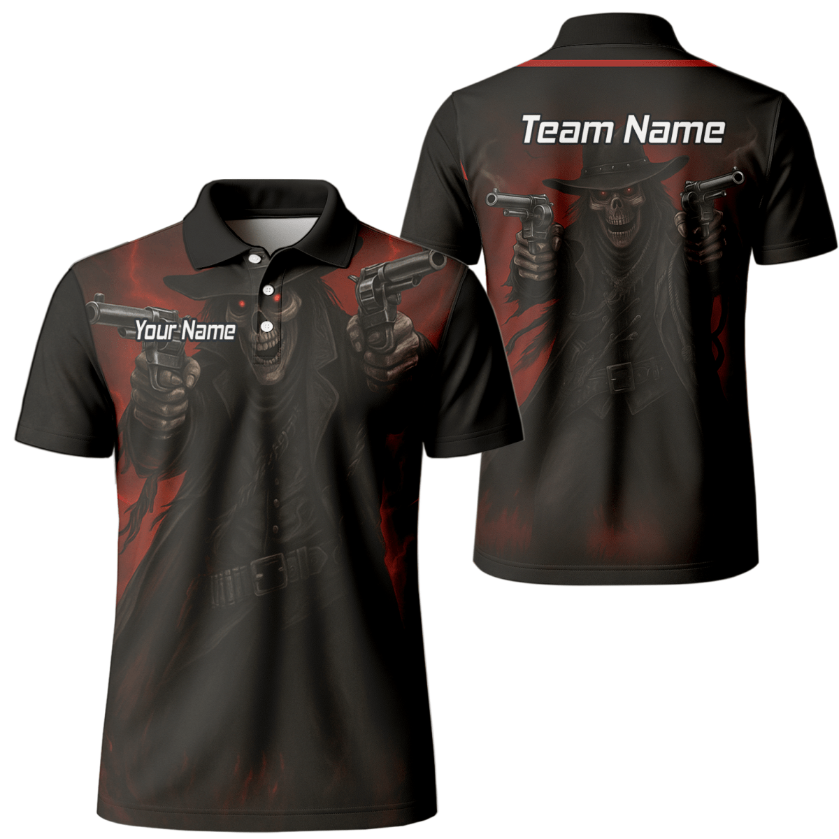 Personalisiertes Dart Poloshirt Herren – Revolverheld Totenkopf Motiv – Schwarz Rot P5176 - Outfitsuche