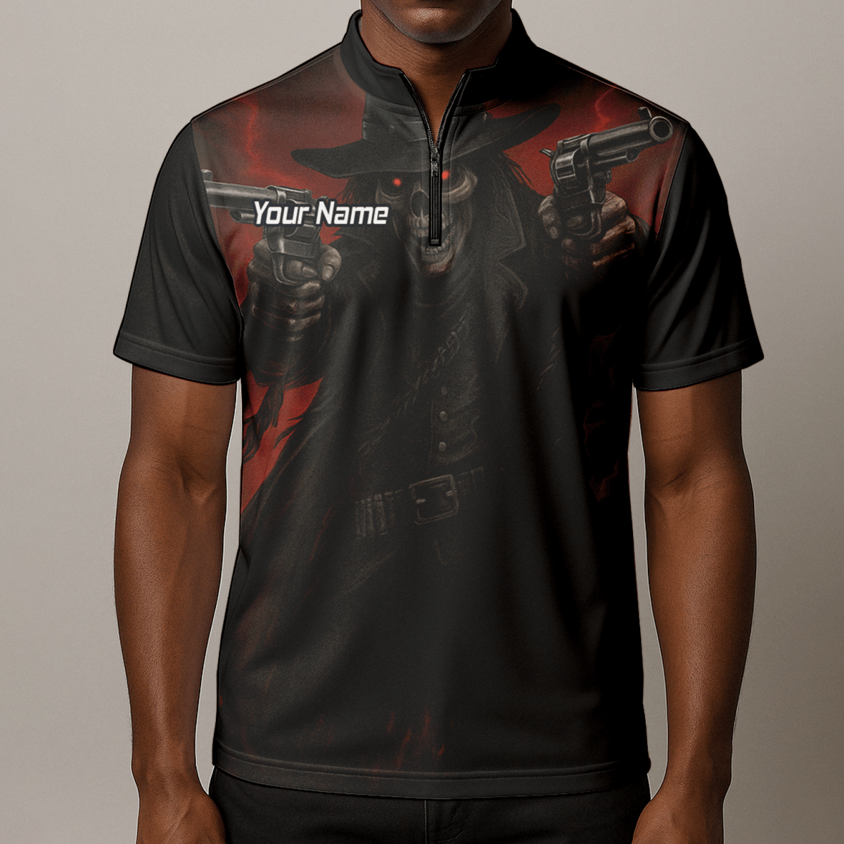 Personalisiertes Dart Poloshirt Herren – Revolverheld Totenkopf Motiv – Schwarz Rot P5176 - Outfitsuche