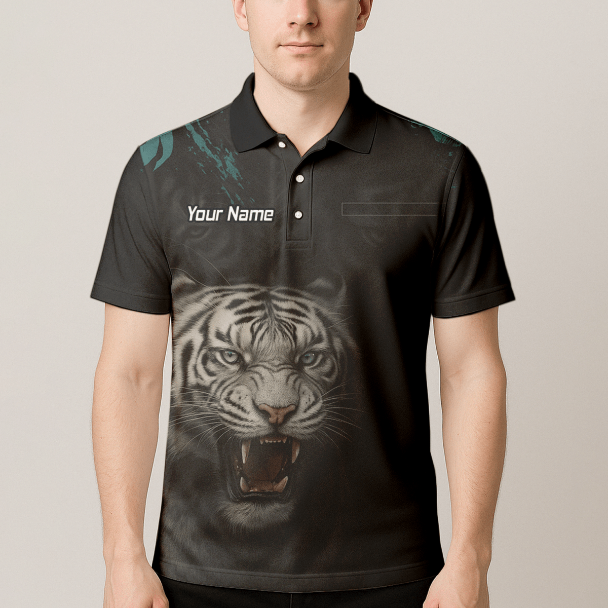 Personalisiertes Dart - Poloshirt Herren Schwarz – Brüllender Weißer Tiger Q8496 - Outfitsuche