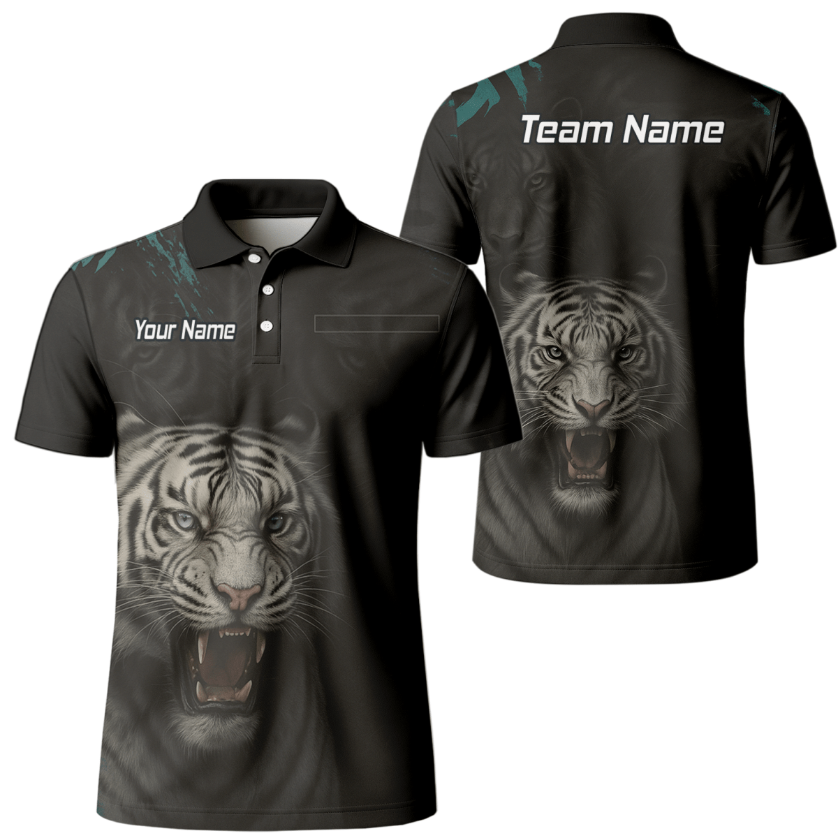 Personalisiertes Dart - Poloshirt Herren Schwarz – Brüllender Weißer Tiger Q8496 - Outfitsuche