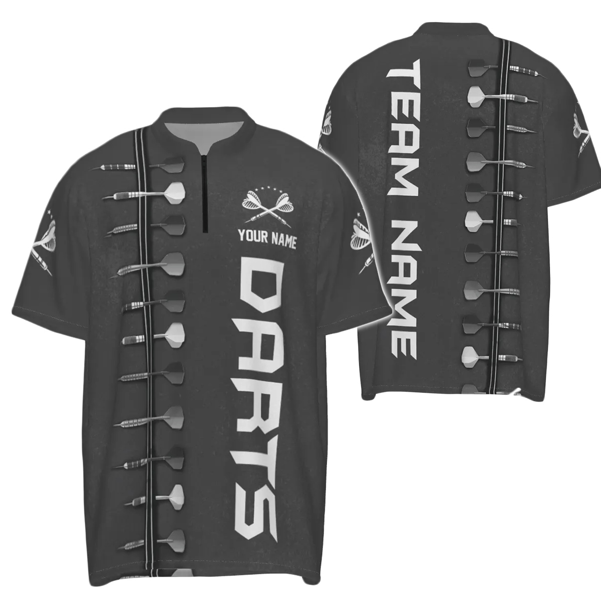 Personalisiertes Darts 1/4 Zip Shirt mit 3D-Druck, schwarz-weißes individuelles Dart-Trikot für Herren P309 - Outfitsuche