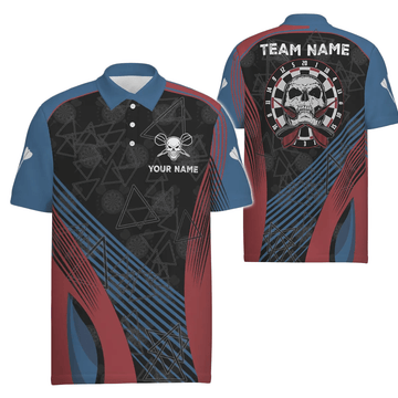 Personalisiertes Darts Polo Shirt für Herren in Blau und Rot mit individuellem Totenkopf-Motiv, cooles Dart-Shirt Z305 - Outfitsuche